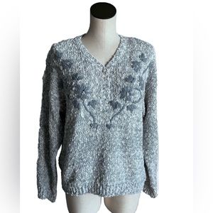Vintage Blue Floral v-neck Sweater Embroidery Cottage Core Size Large